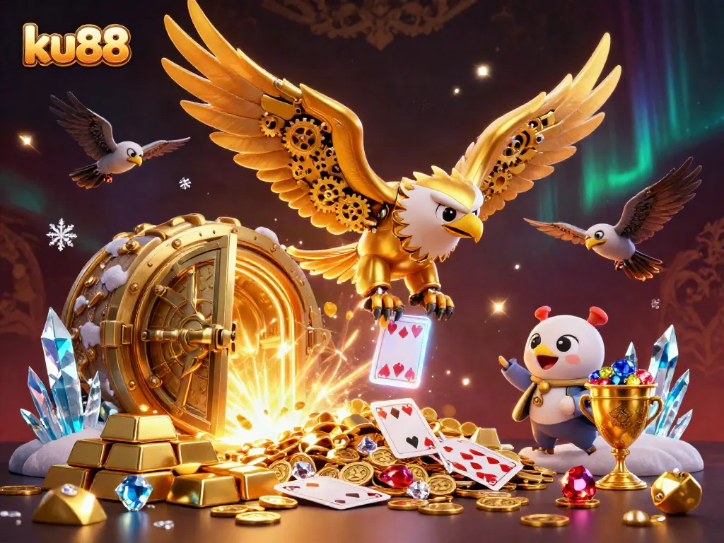 Bet on ku88 with a striking 3D illustration of a golden eagle and dazzling casino elements.