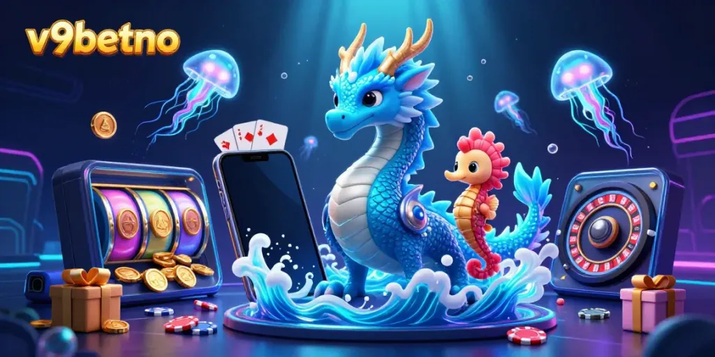 Experience the vibrant excitement of v9betno with a colorful gaming scene featuring an azure water dragon and interactive elements.