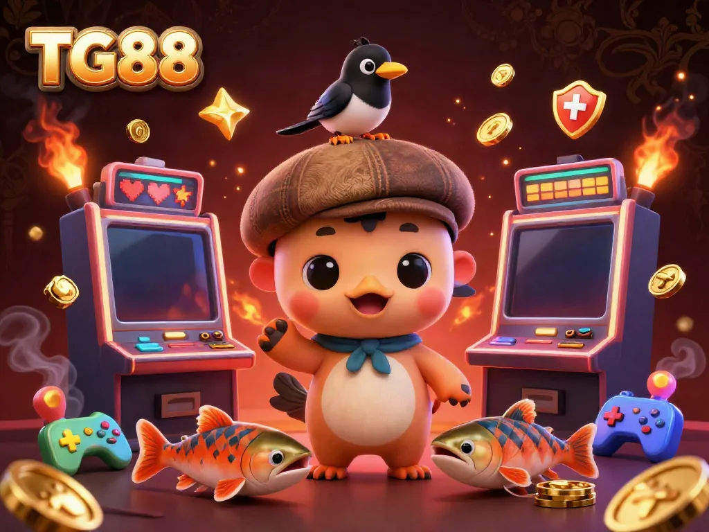 Play interactive slot games at TG88 with cute cartoon characters in a colorful casino setting.