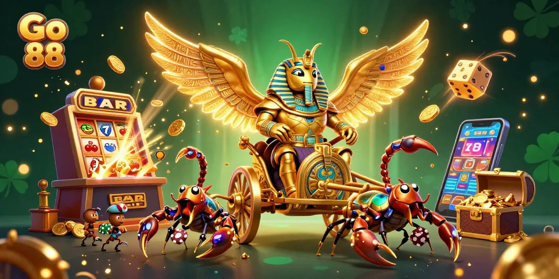 Experience the excitement of Go 88 with an epic cartoon scene of a pharaoh beetle and jackpot slots.