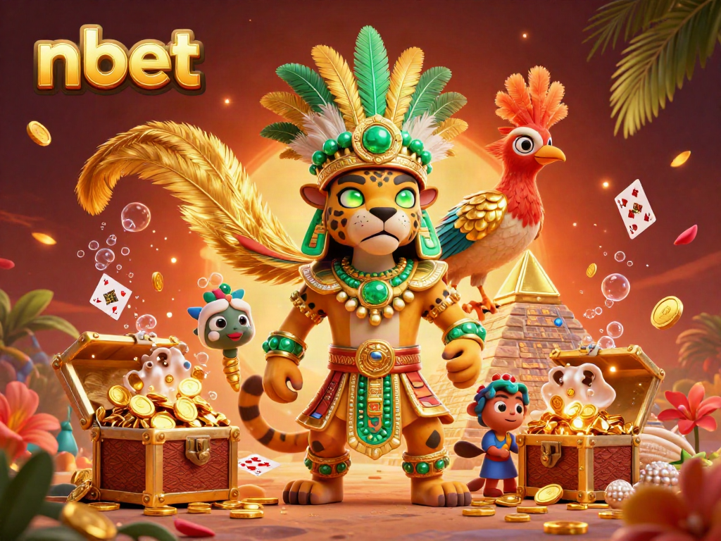 Engaging nbet-themed casino illustration featuring a Mayan jaguar priest and colorful game elements.