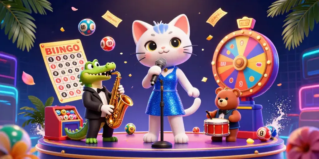 Experience thrilling moments on rikvip-39 with vibrant lottery balls, a jazzy cat singer, and a lively casino stage.