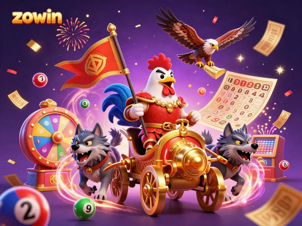 Engage in thrilling games with Zowin's vibrant casino elements in a dynamic 3D cartoon scene.