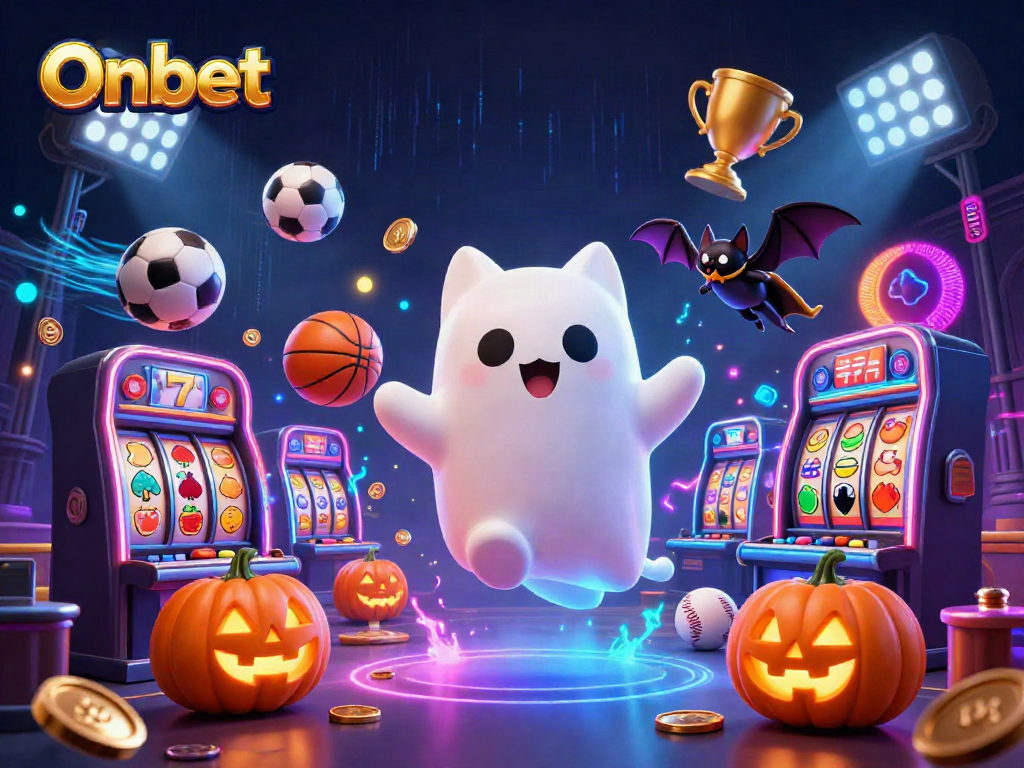 Experience Onbet's lively casino scene with a ghost cat and vampires in a haunted atmosphere.