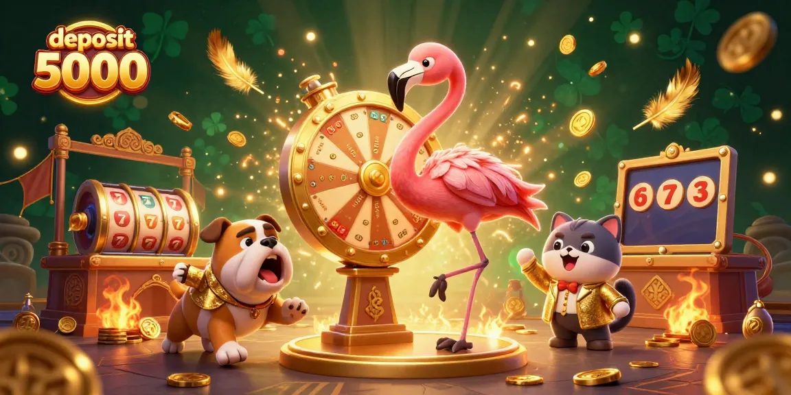 Engage with deposit 5000 slots in a vibrant interactive 3D casino scene featuring a flamingo host and excited contestant.