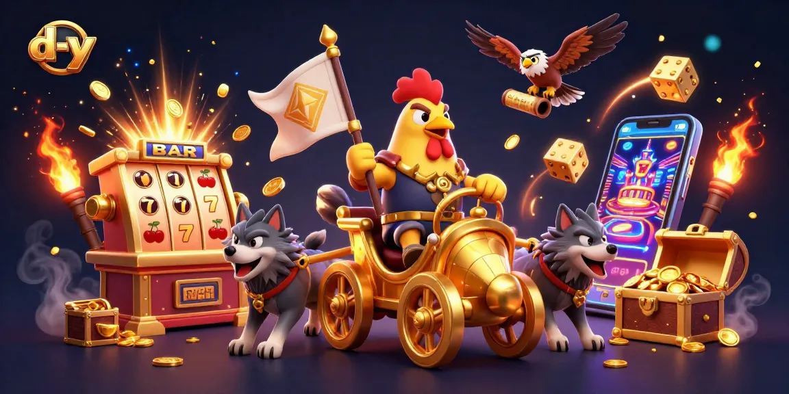 Experience jackpot excitement with d-y's cartoon rooster warlord and vivid gambling elements
