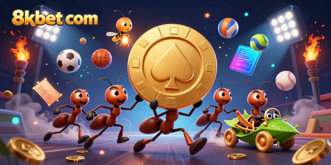 Engage with thrilling gameplay at 8xbet com as animated ants navigate a heist with a golden poker chip amidst sports elements.