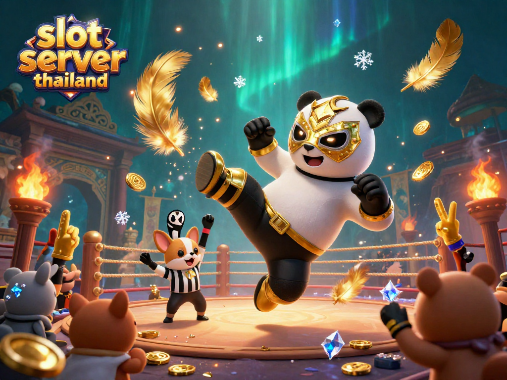 Engage with slot server thailand through thrilling actions of a panda wrestler and cheering crowd in a rich casino scene.
