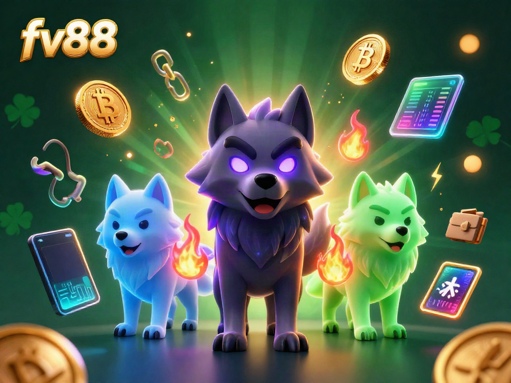 Experience a thrilling FV88 gaming atmosphere with cartoon wolves and crypto elements!