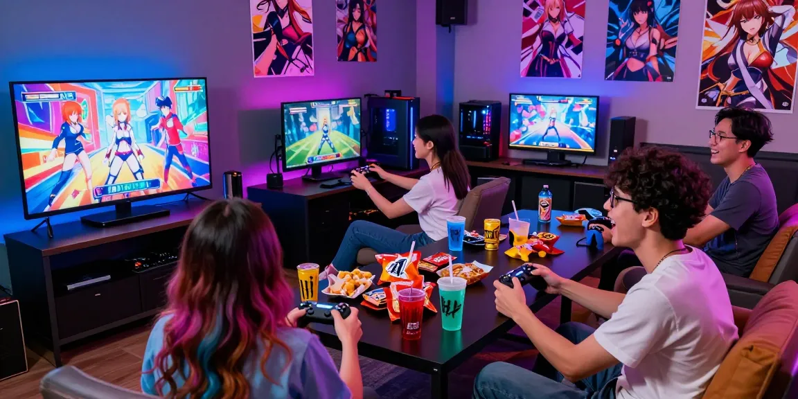 Friends playing a hentai game together in a vibrant gaming lounge filled with snacks and colorful lighting.