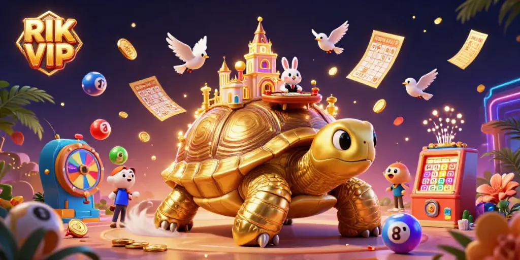Engage in thrilling RIK VIP casino gameplay with dynamic illustrations of a golden tortoise casino and vibrant elements