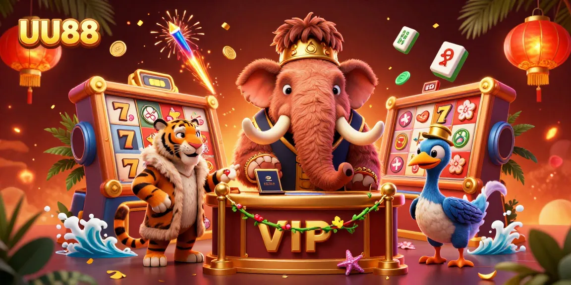 Engage in an exciting gaming atmosphere at UU88 with vibrant characters, spinning slot reels, and festive elements.