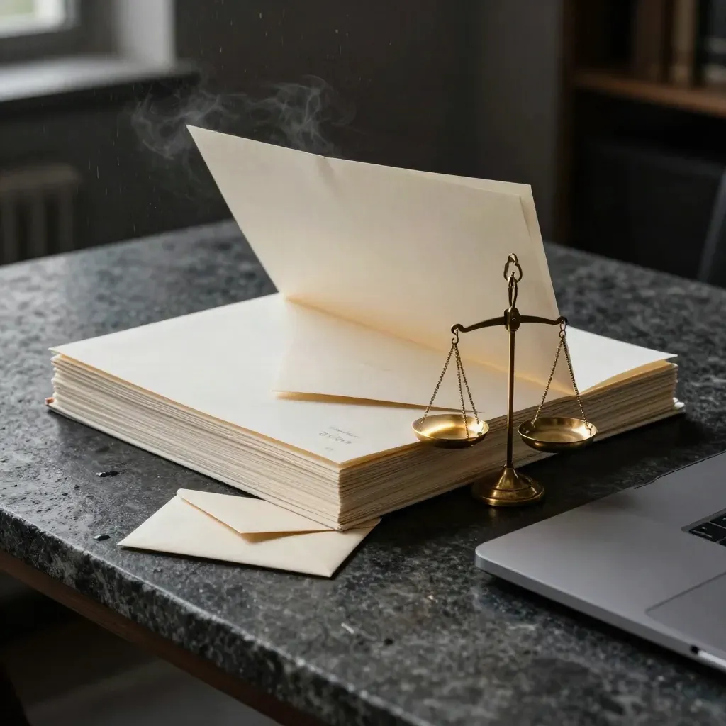 Ivory legal files, brass scales, sealed envelope and closed laptop on a dark stone desk.