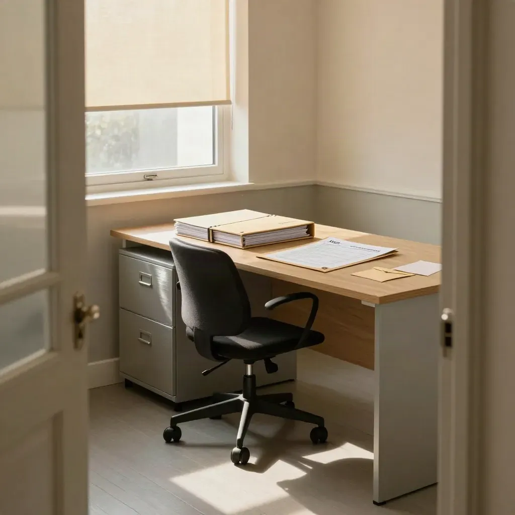 Small law office with binder, payroll folder, exit envelope, and pulled-back chair in morning light.