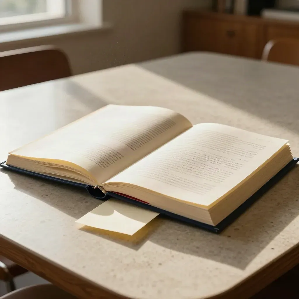 Open legal handbook binder, policy tabs, red exit envelope and folded note card on travertine table