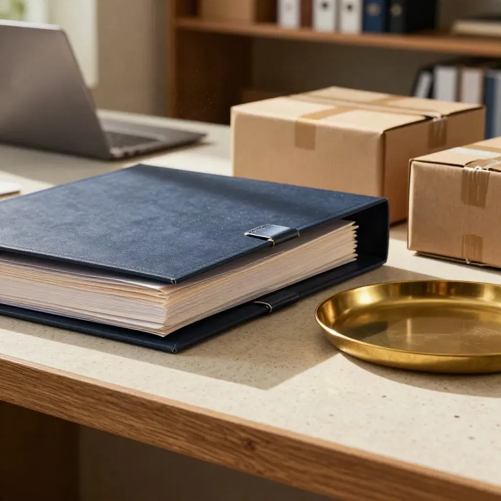 Macro of legal folders, closed laptop, shipping boxes and brass tray on travertine.