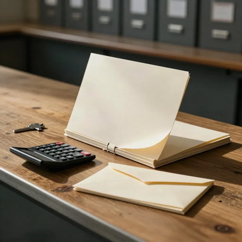 Low bench-level view of a peeled-back compliance folder, calculator and envelope in a law office.
