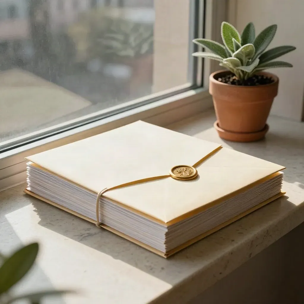 Legal formation packet, sealed envelope, ribbon-tied folder and plant on a bright windowsill