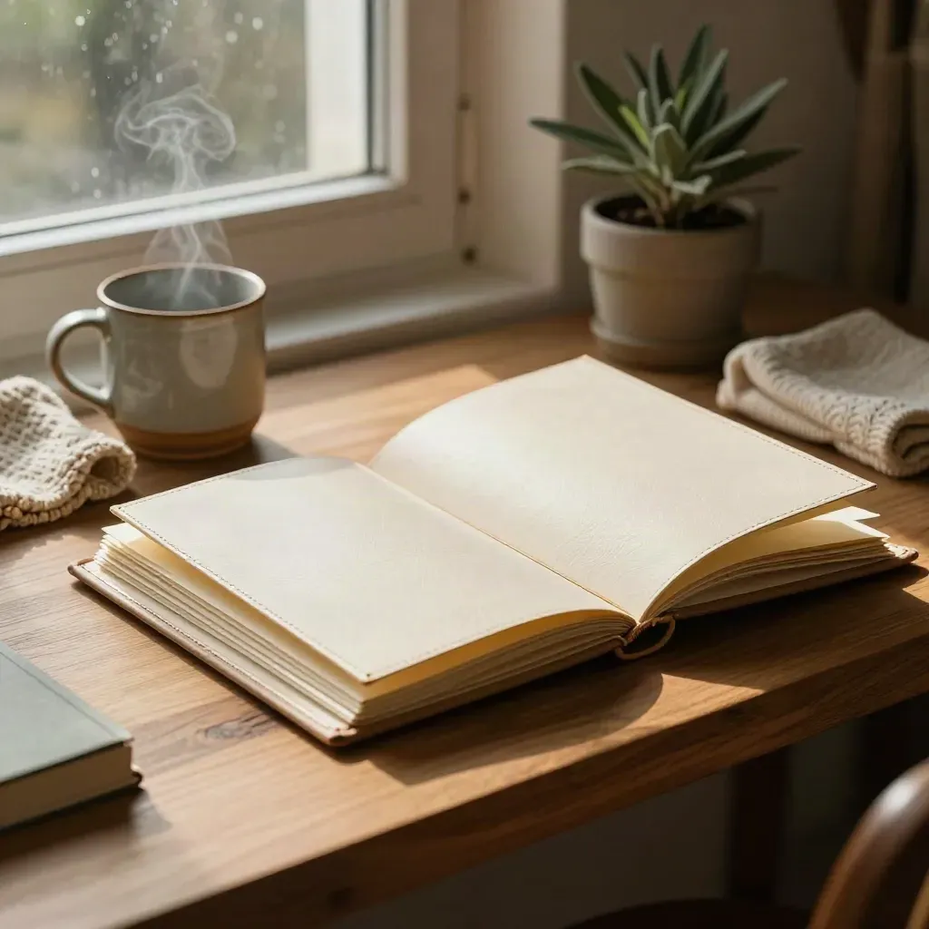 Open legal folder, ceramic mug, knit cloth and small plant on an oak ledge in warm afternoon light.