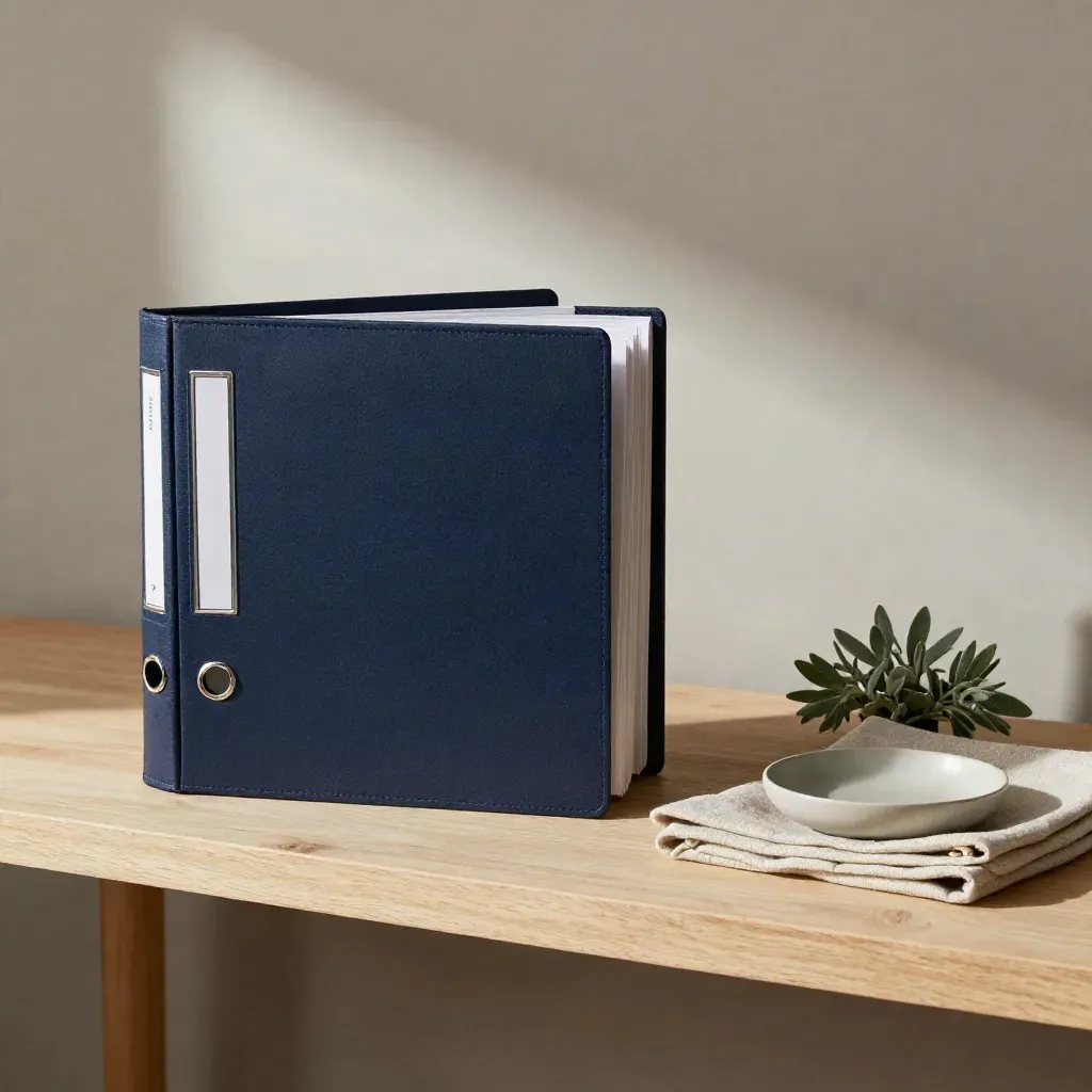 Navy policy binder open on a pale oak shelf with linen, ceramic dish and a small plant