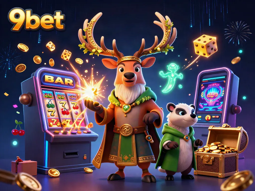 Experience thrilling wins with 9bet's vibrant casino scene featuring exciting slot machines and mystical characters.