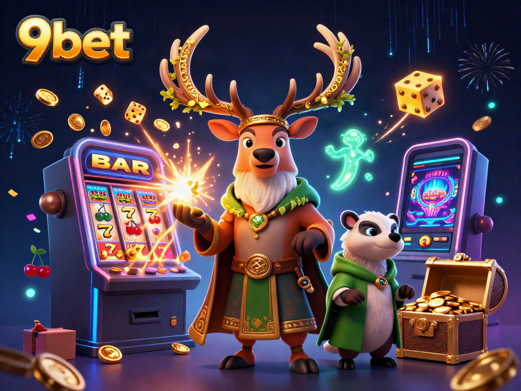 Experience thrilling wins with 9bet's vibrant casino scene featuring exciting slot machines and mystical characters.
