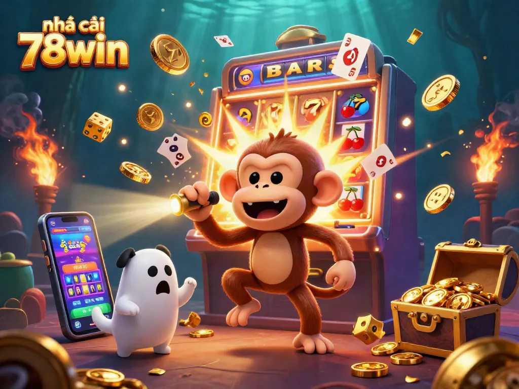 Experience excitement at nhà cái 78win with a lively casino scene featuring a playful monkey and a ghost-hunter puppy.