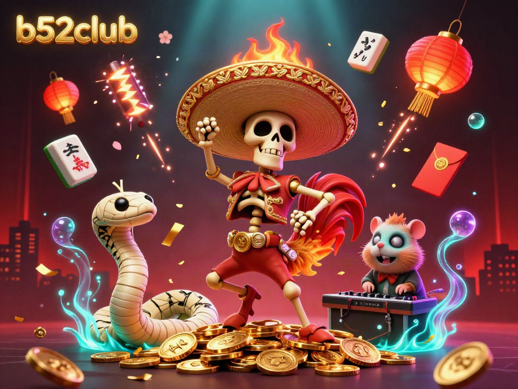 Experience excitement at b52club with a lively digital casino illustration featuring characters celebrating with golden coins and casino elements.