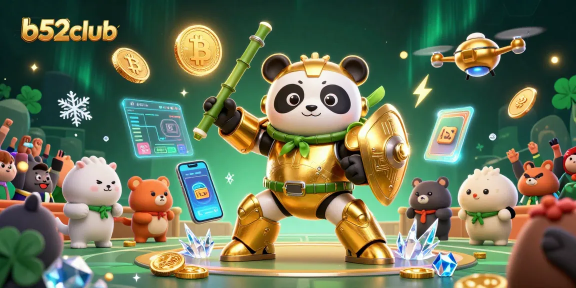 Engage in thrilling action with b52club's vibrant 3D casino scene showcasing a mech-suit panda and exciting game elements.