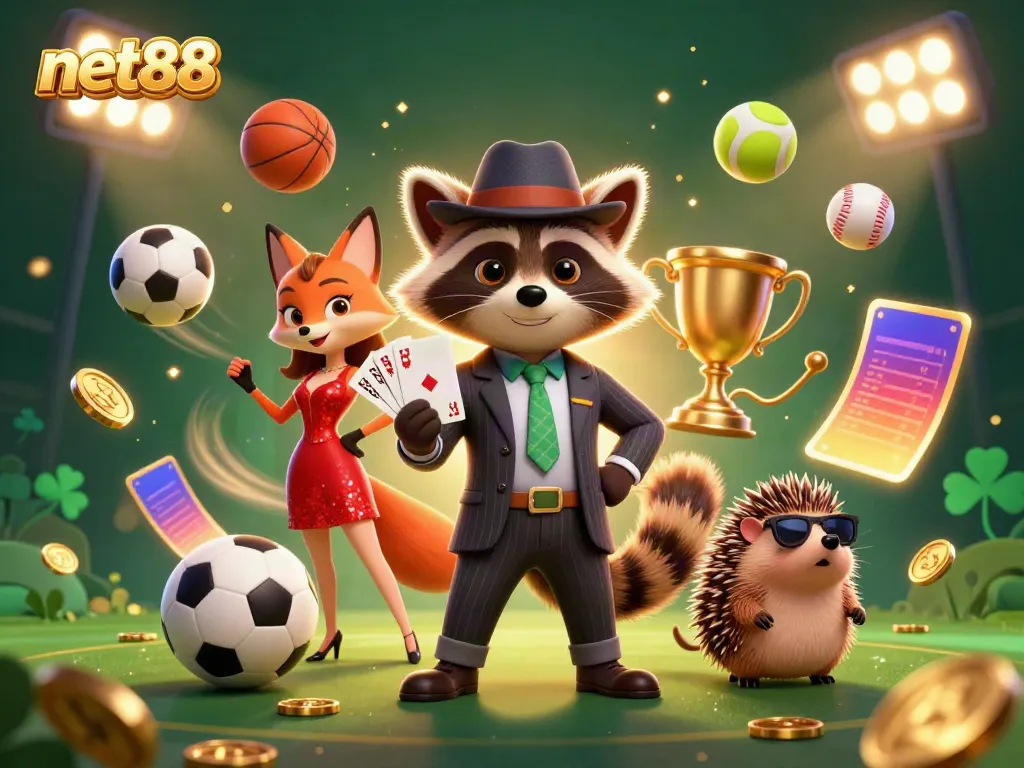 Experience thrilling gameplay with net88 featuring a suave raccoon, elegant fox, and a stylish hedgehog in a lively casino scene.