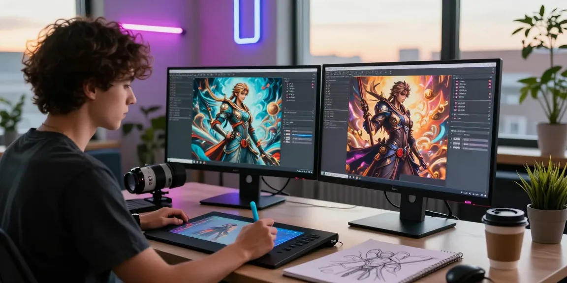 Creating stunning ai nsfw images in a modern design studio with vibrant colors and technology.