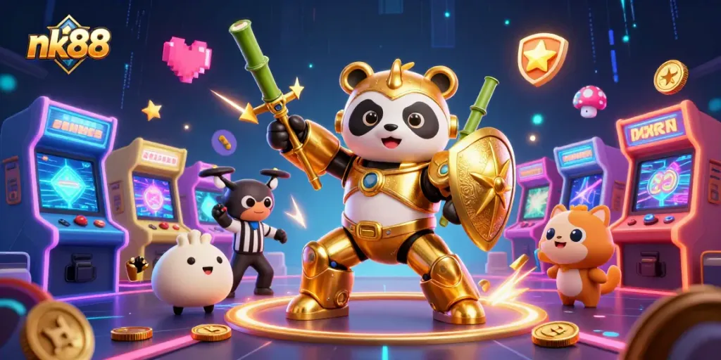 Experience the thrill of nk88 with our dynamic 3D illustration showcasing vibrant gaming elements and lively characters.