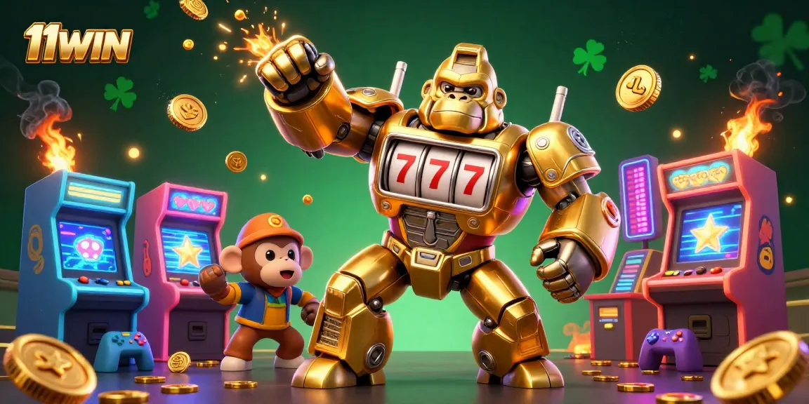 11WIN online casino gaming illustration showcasing a golden gorilla mech and vibrant arcade elements.