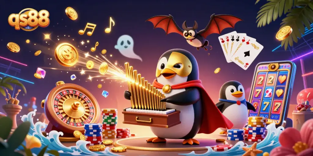 Experience thrilling gameplay at qs88 with a dynamic illustration of a casino scene showcasing action and excitement.