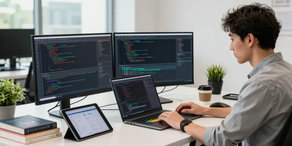 Developer using instant indexing tools in a modern tech workspace with multiple monitors and natural light.