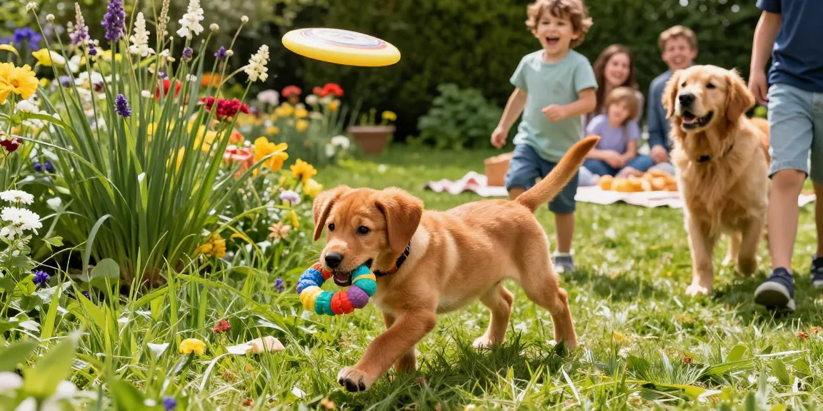 Energetic Fox red labs puppy playing joyfully in a sunny garden.