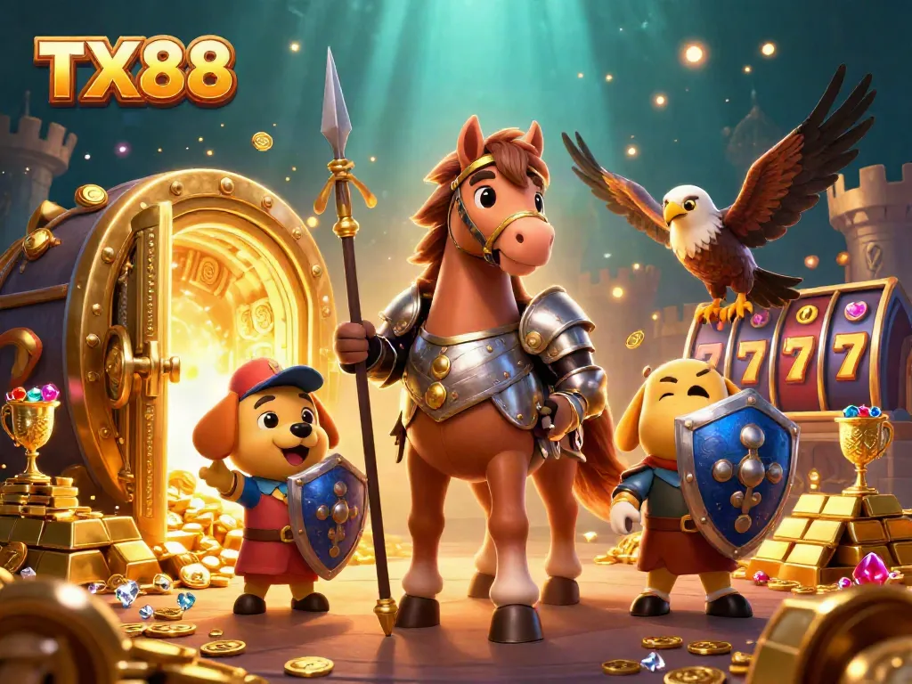 Experience the thrill of TX88 with a vibrant gaming scene of knights, gold treasures, and slot elements
