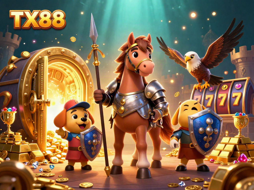 Experience the thrill of TX88 with a vibrant gaming scene of knights, gold treasures, and slot elements