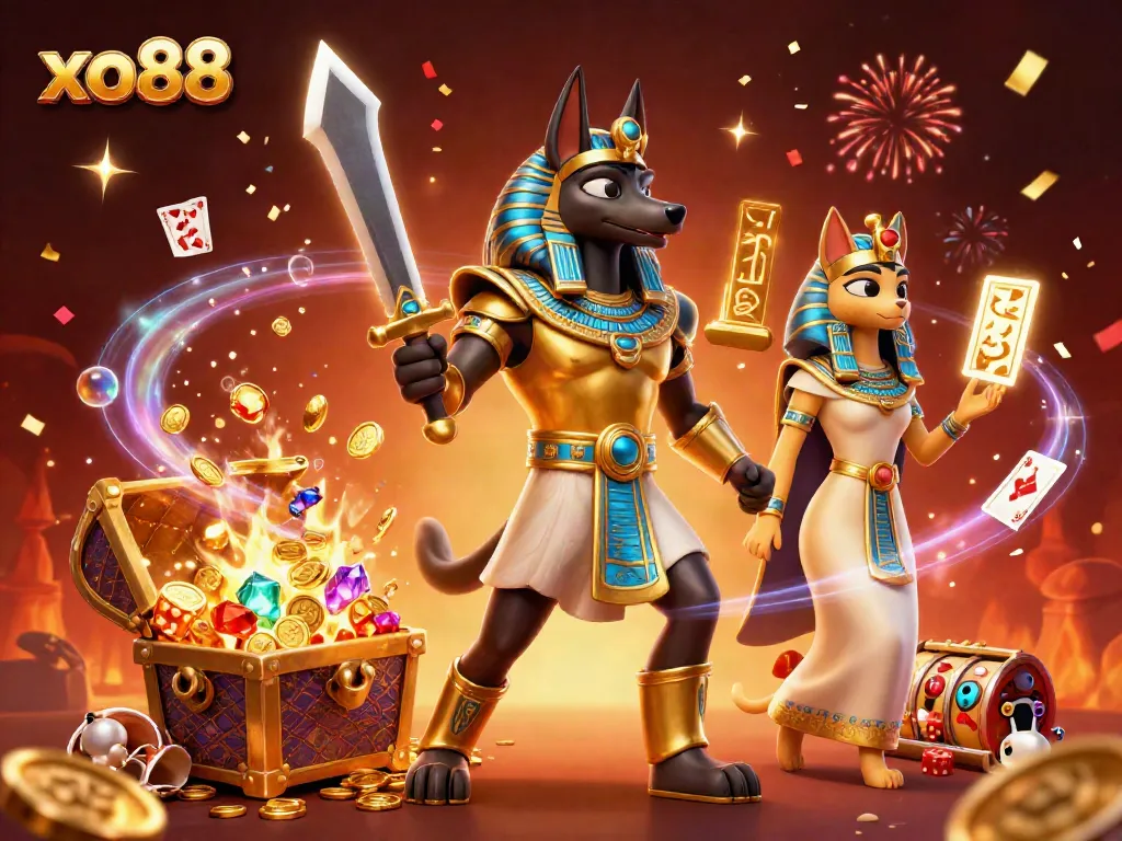 Experience the thrill of gambling with xo88's vibrant casino scene featuring dynamic characters and treasures.