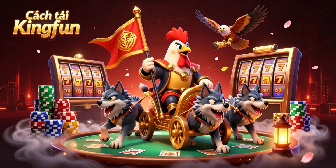 Cách tải Kingfun showcases an exciting 3D scene with a rooster warlord and casino elements, perfect for players.