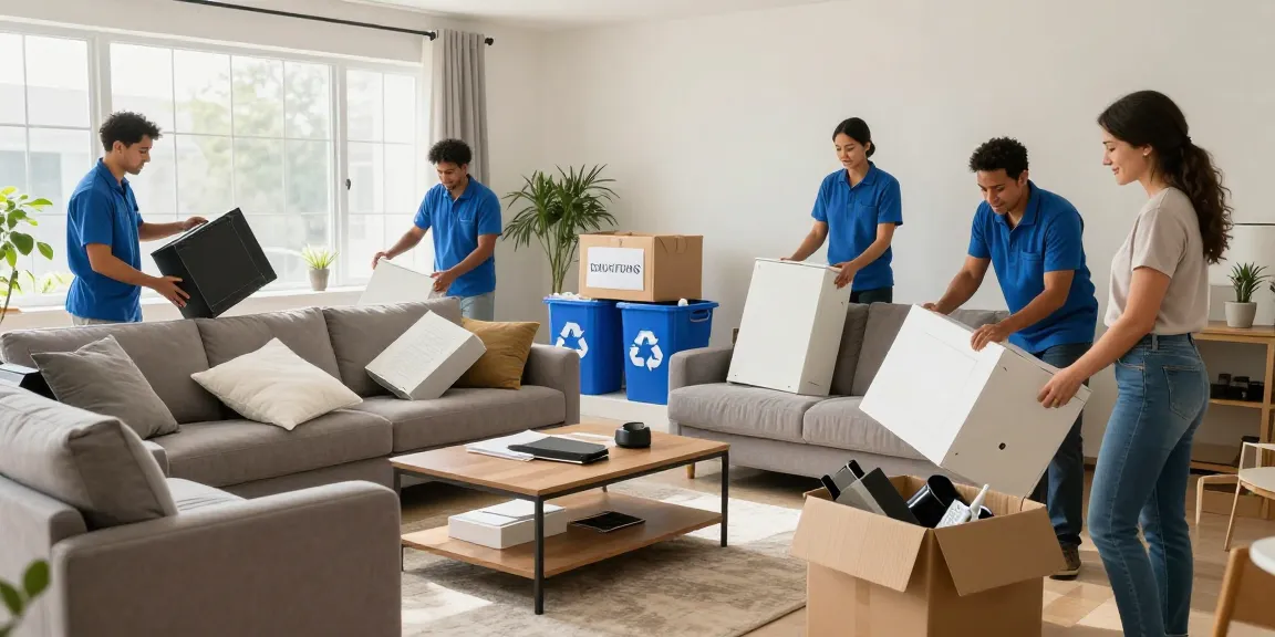 House clearance professionals efficiently removing old furniture in a bright living room