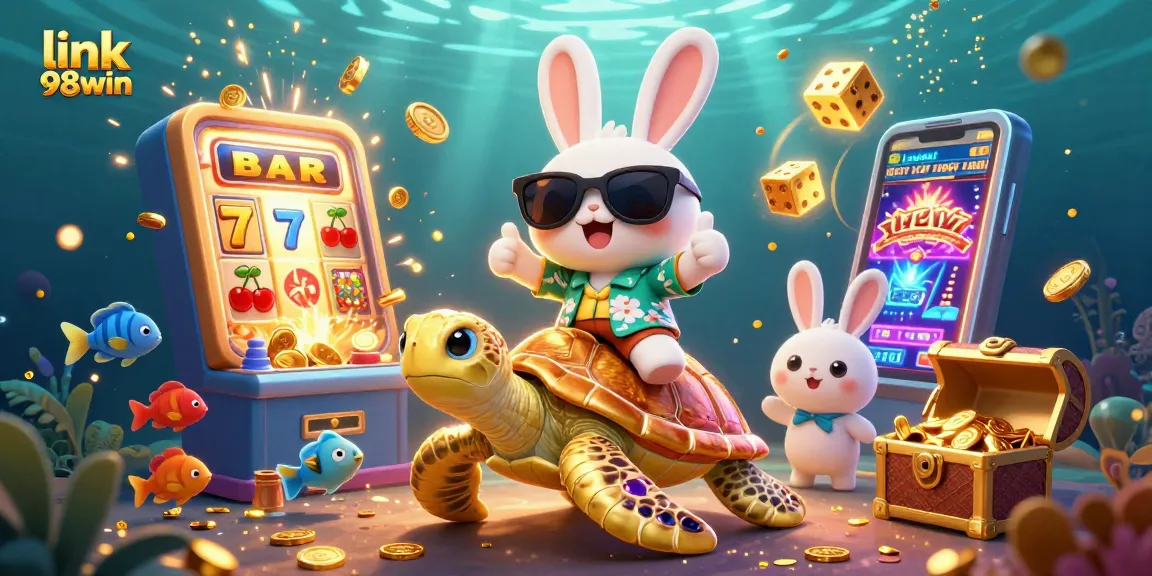 Experience exciting wins with link 98win on vibrant, colorful casino games in this dynamic illustration.