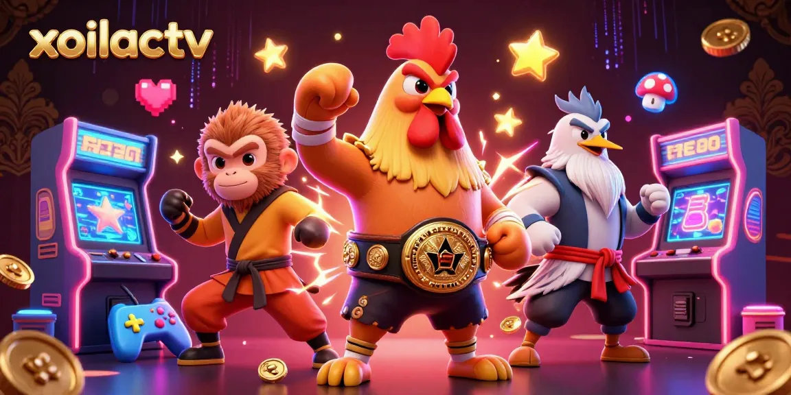 Xoilactv offers thrilling cartoon gaming action featuring an energetic rooster, monkey, and crane in a dynamic 3D casino scene.