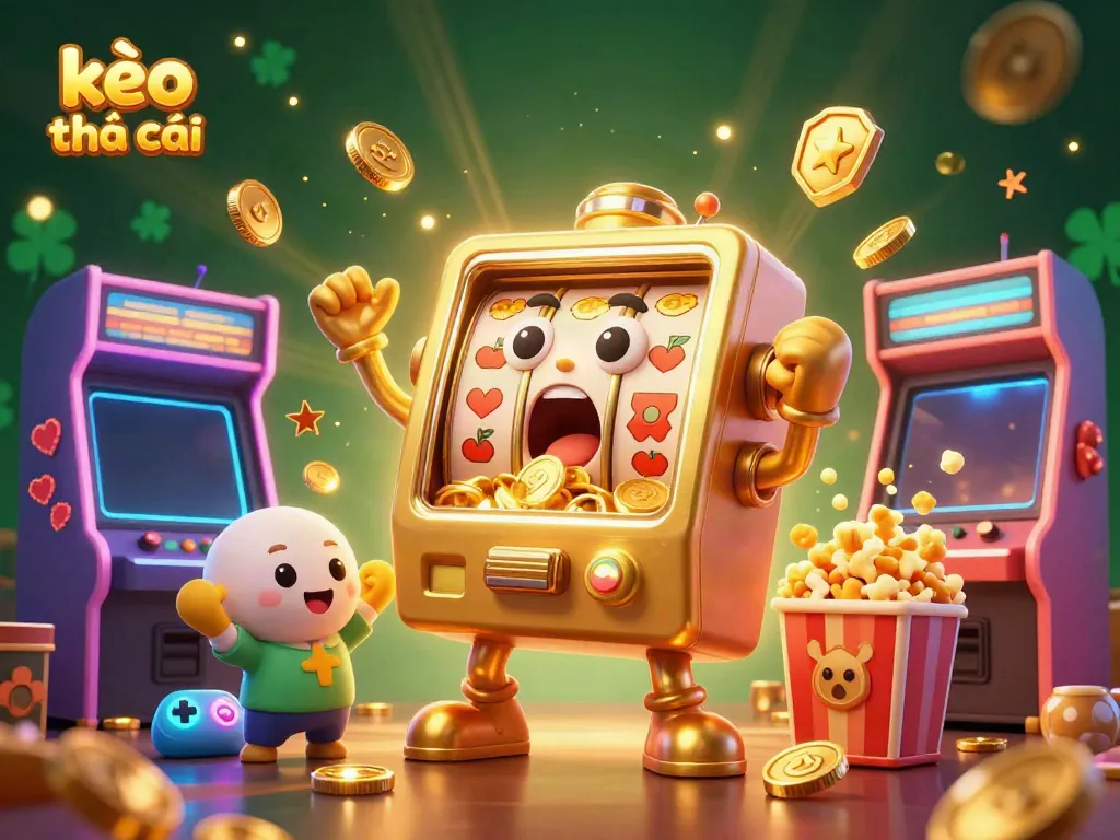 Exciting gameplay at kèo nhà cái as a golden slot machine celebrates a big win, surrounded by cheering baby slots.