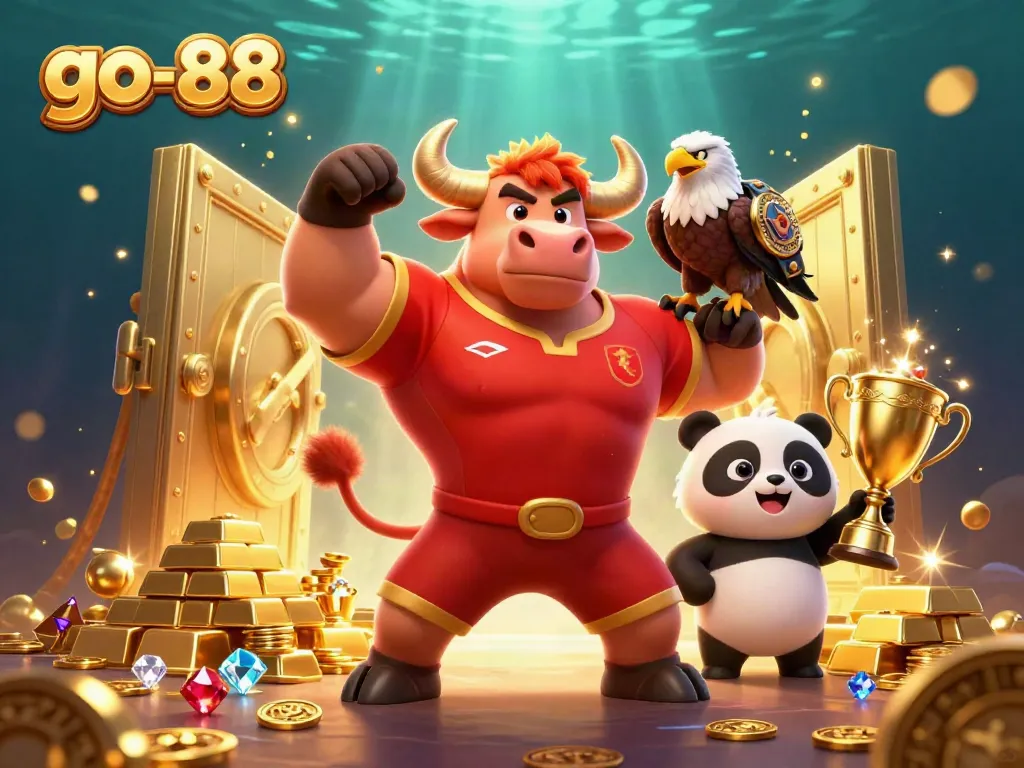 Engaging go-88 scene with a bull, eagle, and panda celebrating alongside flashing cash and jewels