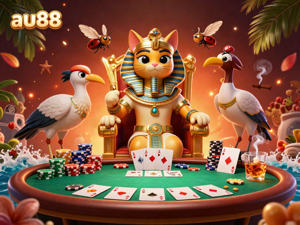 Engage in thrilling card games at au88 with Egyptian-themed characters and colorful chips.