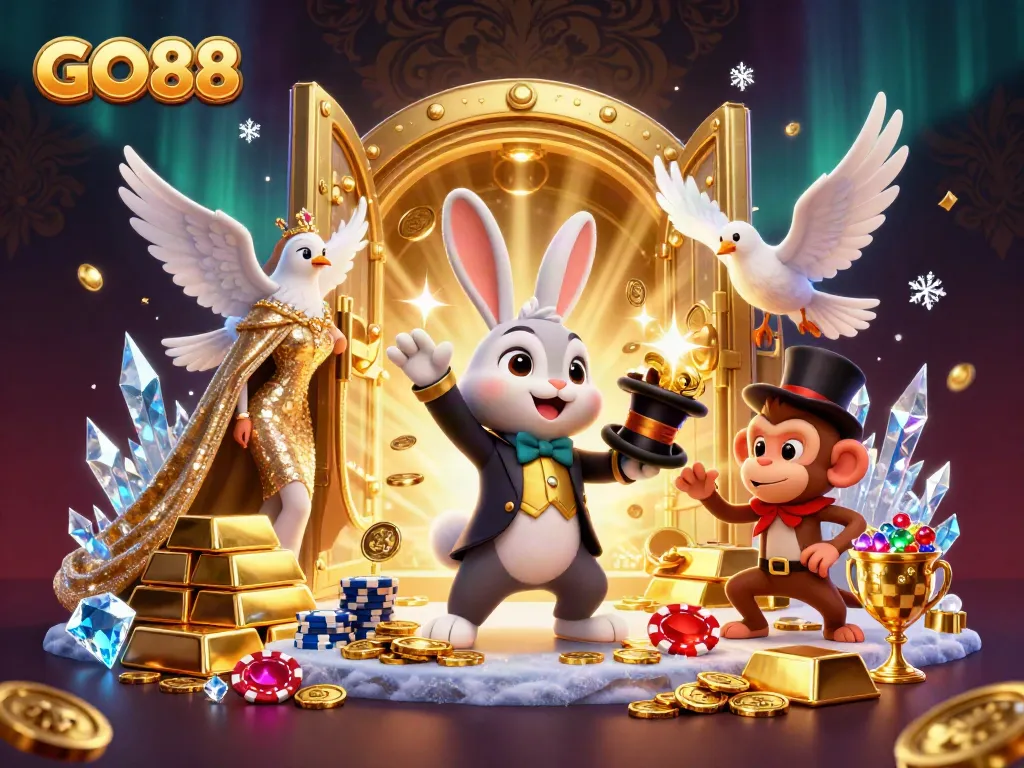 Experience the thrill of GO88 with a magical scene of a rabbit, dove, and monkey amidst treasures.