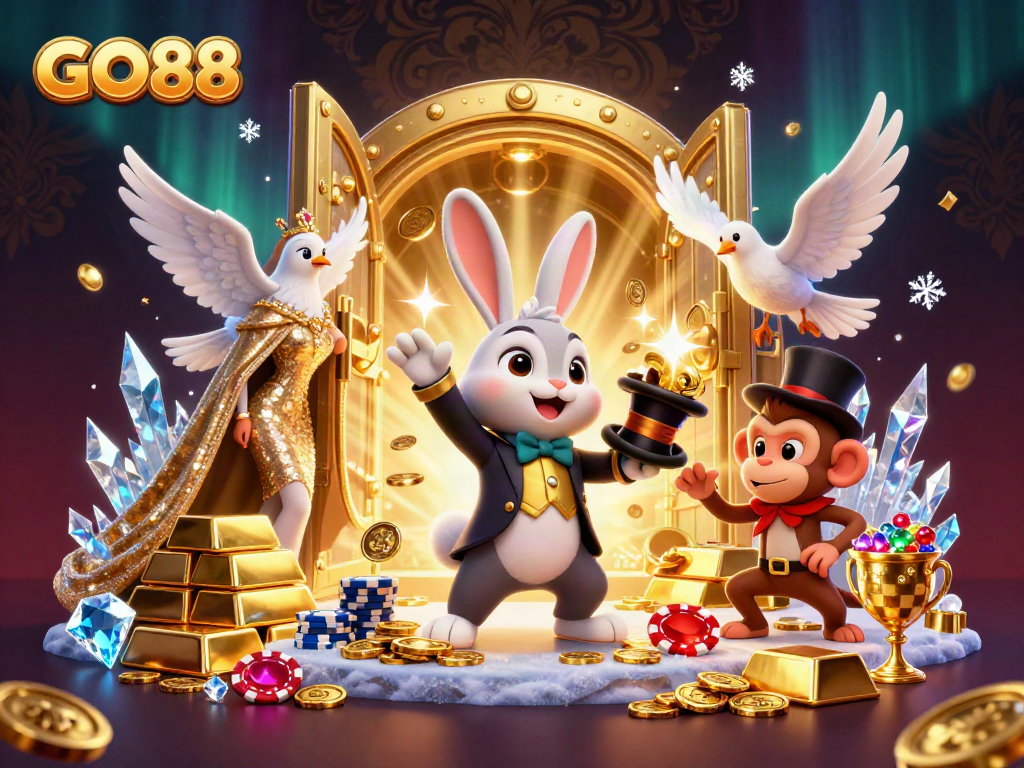 Experience the thrill of GO88 with a magical scene of a rabbit, dove, and monkey amidst treasures.