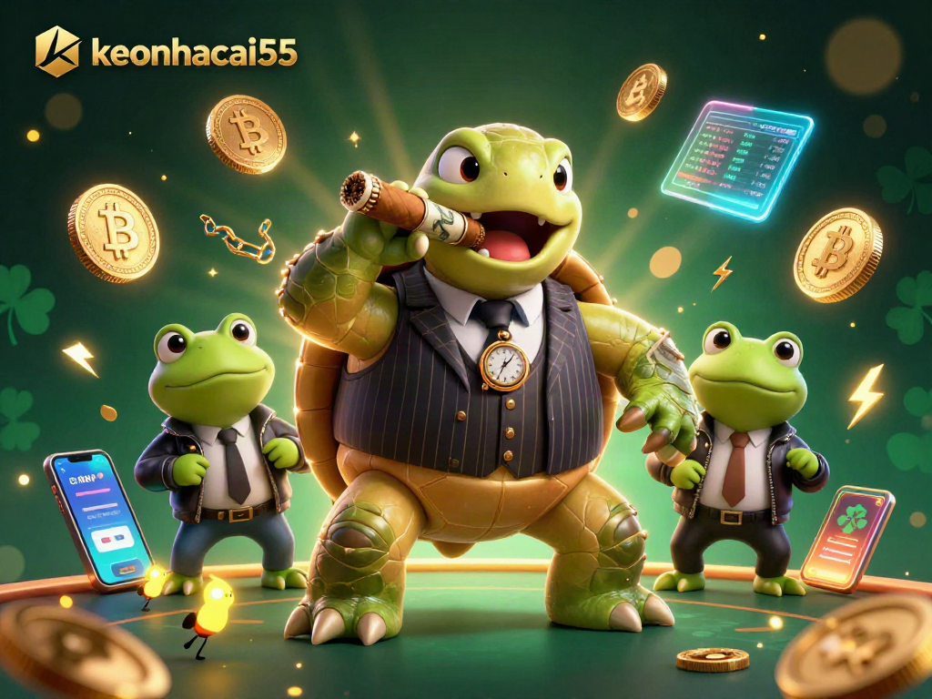 keonhacai55 showcases a thrilling 3D casino scene with vibrant characters and exciting cryptocurrency elements.
