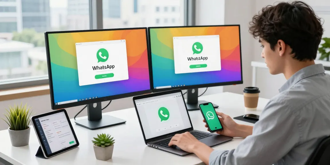 Downloading WhatsApp下載 in a modern tech workspace with vibrant app interface on screens.